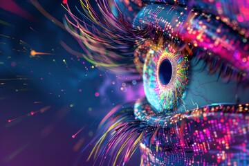 Close up of a woman's eye with colorful lights and glowing aura around it in artistic abstract concept portrait
