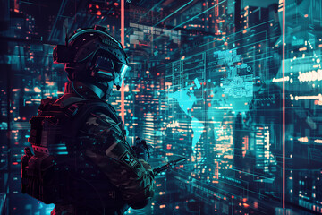 digitally simulated cyber warfare scenarios, illustrating the importance of defending against digital threats in high tech style. - obrazy, fototapety, plakaty