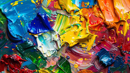 Vivid splashes of various paint colors on a canvas.