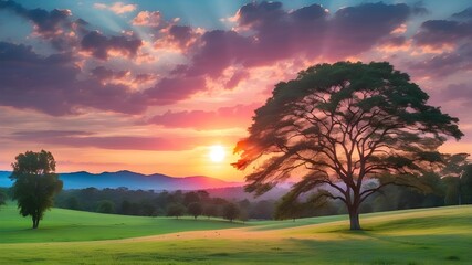 Fototapeta na wymiar A gorgeous sunset with a full sun overhead. A landscape of verdant grass and trees encircles the sun. The blue and pink hues of the sky combine to create