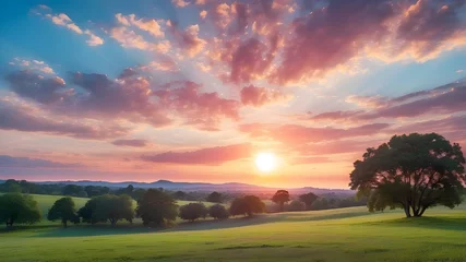 Fotobehang A gorgeous sunset with a full sun overhead. A landscape of verdant grass and trees encircles the sun. The blue and pink hues of the sky combine to create © Ashan