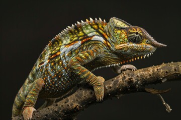 Obraz premium Colorful chameleon perched on branch with head turned to the side in natural habitat