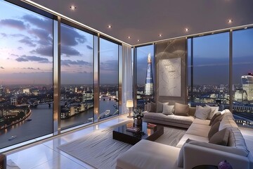 luxurious london penthouse sleek and modern highrise apartment with stunning city views 3d illustration - obrazy, fototapety, plakaty