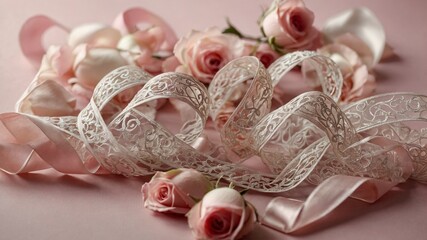 Collection of delicate roses, ribbons lay intertwined on soft pink background, creating atmosphere of elegance, romance. Roses, in varying shades of pink, fresh, blooming, their petals soft, inviting.