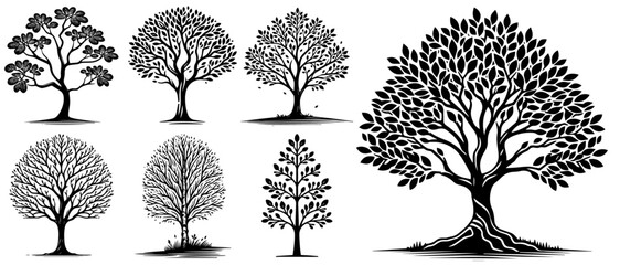 tree decoration set, plant heart ornamen black silhouette vector, shape print, monochrome clipart illustration, laser cutting engraving nocolor