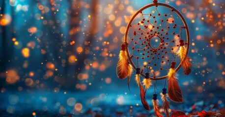 dreamcatcher in the dark autumn forest with yellow lights in the background. - obrazy, fototapety, plakaty