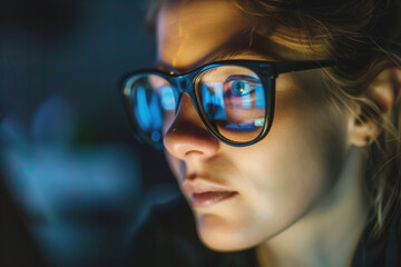 Woman with glasses illuminated by screen light.