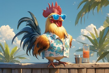 rooster wearing blue sunglasses - obrazy, fototapety, plakaty