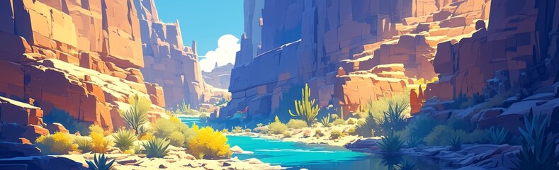 Stylized cartoon illustration of a canyon with a river flowing through it in a desert landscape. 