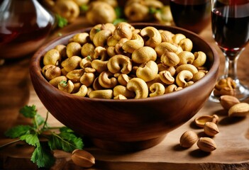 wooden bowl filled with golden cashew nuts  with a glass of wine in a single image for our recipe website. Show off its smooth texture and the perfect balance. Make our reader - obrazy, fototapety, plakaty