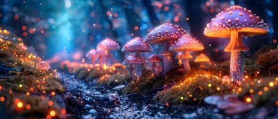 Enchanted Glow: A Mesmerizing Mycological Journey. Concept Fungi Forests, Bioluminescent Mushrooms, Dreamy Woodlands, Magical Creatures