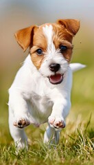 Playful puppy enjoying a romp on lush green grass field, adorable pet running outdoors