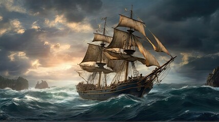 Cloudy sea, thunderstorm in the ocean, big ship with dark sky - obrazy, fototapety, plakaty