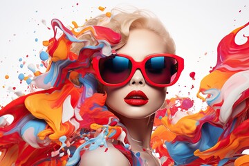 Fototapeta premium a woman wearing red sunglasses and a red pair of sunglasses with the word art on the bottom.