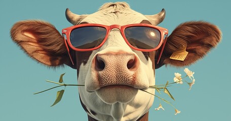 Photo of a cow wearing sunglasses against a blue background, symbolizing the joy and playfulness associated with milkshakes in summer. 