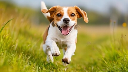 Energetic beagle puppy having fun, joyfully running and playing in the lush green grassy field