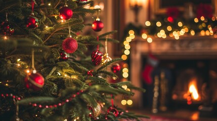 Christmas Interior of festive living room with fireplace. Christmas socks with gifts on fireplace in living room. Festive New Year magic background