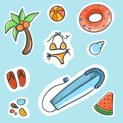 Set cute summer holiday beach elements. Hello summer Cartoon vector