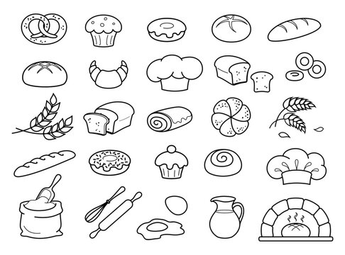 Bread, pastries and bakery icons set. Set of bakery products signs and symbols. Fresh and natural bread, rolls, baguettes, donuts, bagels and croissants. Linear logos isolated on white background