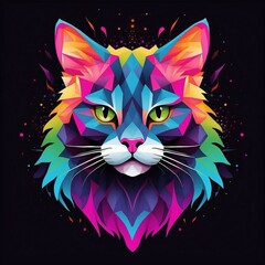 Minimalist neon line logo of a tessellated geometric cat surrounded by colorful smoke effects vectorized, symmetrical, black background,

