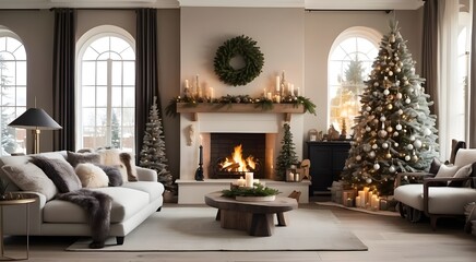 Beautiful fireplace and stylish living room decor with a Christmas tree