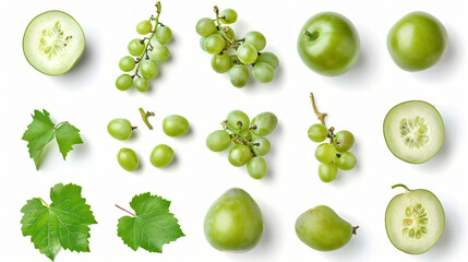 Cut ripe green grapes isolated on white set