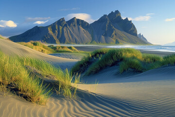 Sand dunes on the Stockiness on southeastern Icelandic coast - obrazy, fototapety, plakaty