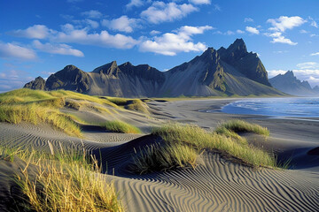 Sand dunes on the Stockiness on southeastern Icelandic coast - obrazy, fototapety, plakaty
