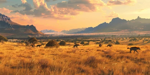 Rolgordijnen A panoramic scene of a hyena clan moving stealthily through the savanna, the ambient light of sunset casting a serene glow on the landscape and the distant mountains. © Sasint
