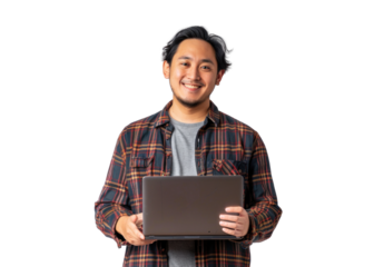 Smiling East Asian Man with Laptop