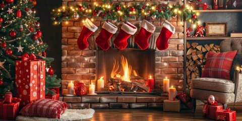 Christmas Interior of festive living room with fireplace. Christmas socks with gifts on fireplace in living room. Festive New Year magic background