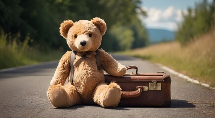 Teddy bear that has been abandoned and forgotten in a vintage suitcase on an asphalt road under the gorgeous summertime light of nature - obrazy, fototapety, plakaty