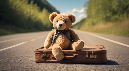 Teddy bear that has been abandoned and forgotten in a vintage suitcase on an asphalt road under the gorgeous summertime light of nature - obrazy, fototapety, plakaty