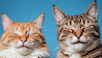banner with two smiling cats with closed eyes on blue background with copy space