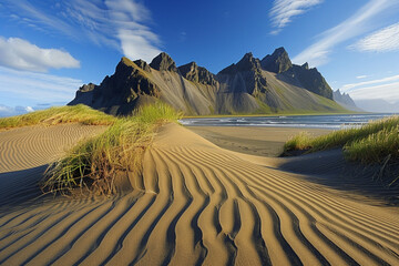 Sand dunes on the Stockiness on southeastern Icelandic coast  - obrazy, fototapety, plakaty