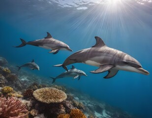 Fototapeta na wymiar Graceful Dolphins Gliding Through a Vibrant Coral Reef Under the Clear Blue Sea