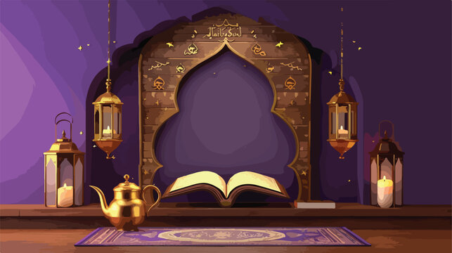 Realistic wooden stage with open Quran golden kettle a