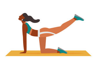Girl stretching on yoga mat. Girl with sport equipment, fitness gym accessories flat vector illustration
