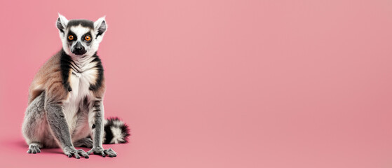 Obraz premium A serene ring-tailed lemur sits gracefully against a minimalist pink background, exuding a sense of calm