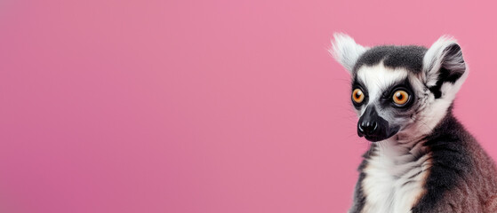 Obraz premium This curious ring-tailed lemur, tilting its head, stares intently on a beautiful pink background