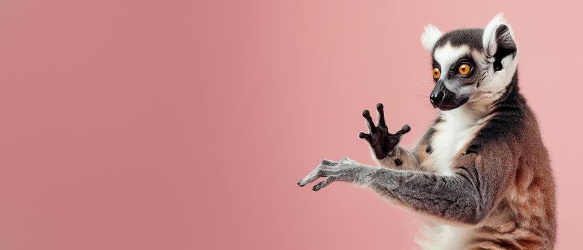 A ring-tailed lemur appears to be caught by surprise, playfully raising hands against a warm pink backdrop
