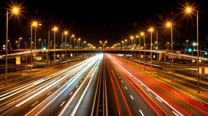 Fototapeta na wymiar City night traffic blurred cars in fast motion on illuminated highway with light trails