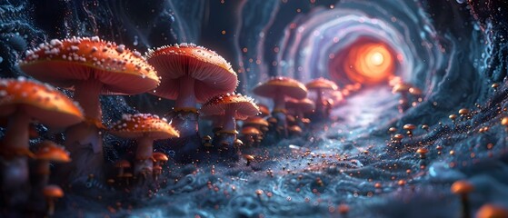 Mystical Mushroom Passage: A Surreal Escape. Concept Fantasy Photography, Magical Landscape, Enchanted Forest, Creative Concepts, Whimsical Portraits