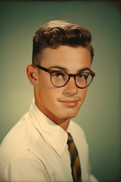 vintage portrait of male student, film photo school college head and shoulders with plain studio background