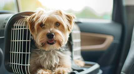 Cute dog in pet carrier travelling by car. Safe transp