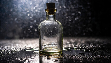 Close up of empty glass bottle on wet surface with dark background.