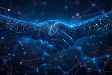 Digital handshake on blue technology background, business background, business success background, business contract, contract success banner, business background, ai