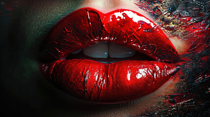 Very Close Up View of Beautiful Woman Lips With Red Color Paint Glossy Lipstick Selective Focus