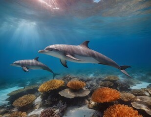 Fototapeta premium Graceful Dolphins Gliding Through a Vibrant Coral Reef Under the Clear Blue Sea