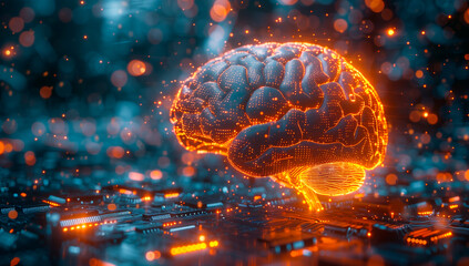 3D rendering of a brain with digital glowing lines and a data flow background